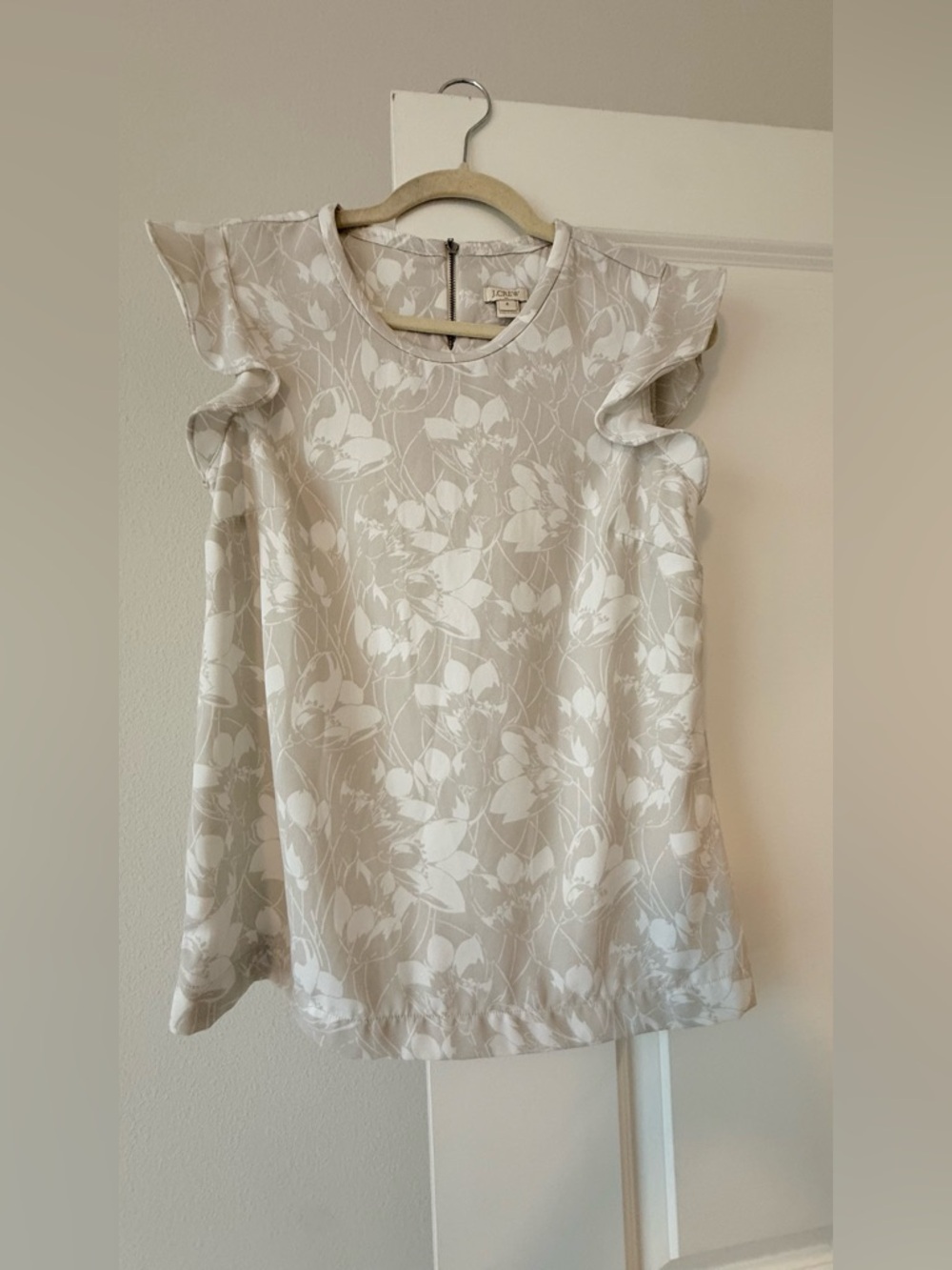 J. Crew Cream and Light Taupe Floral Ruffle Sleeve Blouse